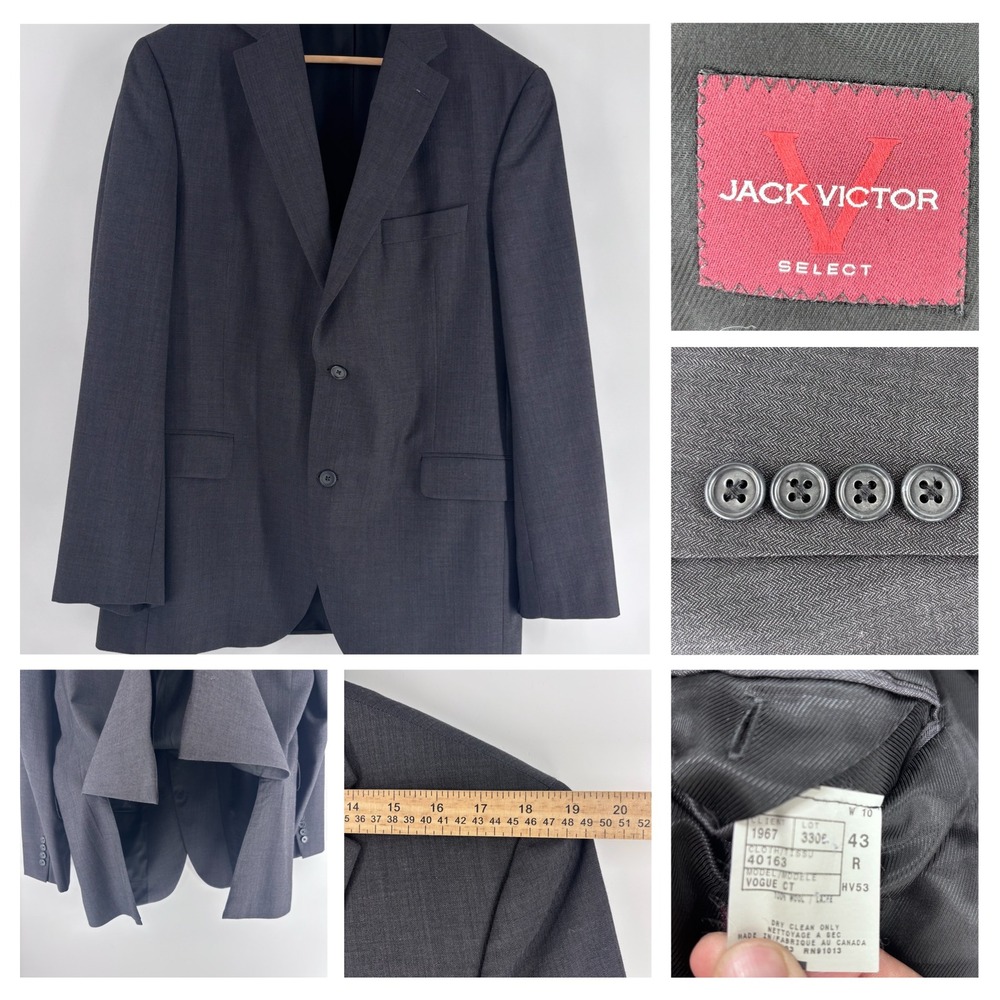Jack Victor Suit Mens 43R‎ 37W Charcoal Grey Herringbone Wool 2-Piece Canada